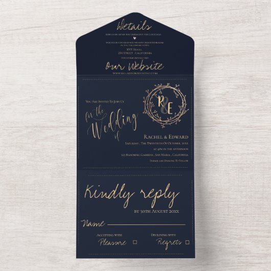 Elegant Monogram Script Navy Gold Wreath Wedding All In One Uitnodiging (Binnen)