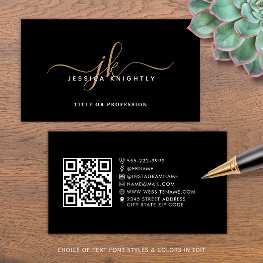 Elegant Monogram Script QR Code Social Media Visitekaartje