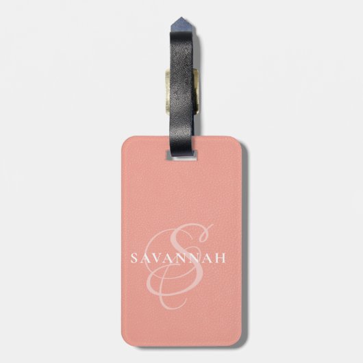 Elegant Monogram Script Roze Roze Leder Bagagelabel (Achterkant verticaal)
