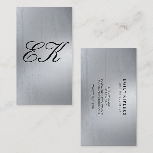 Elegant Monogram Script Silve Metal Shine Texture Visitekaartje (Voorkant / Achterkant)