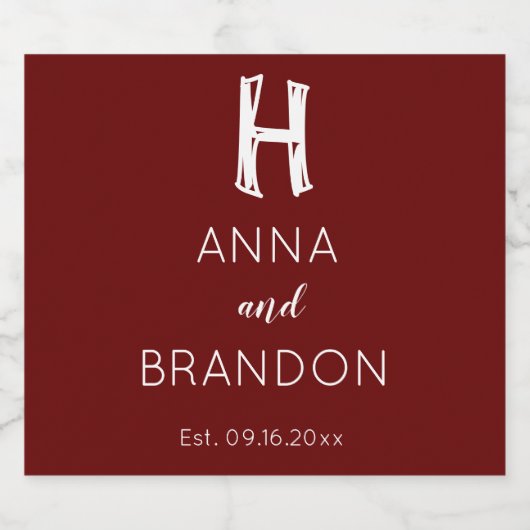 Elegant Monogram Script Weddenschap Burgundy Red Sparkling Wijnetiket (Enkel label)