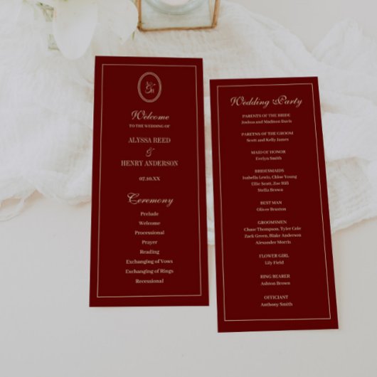 Elegant Monogram Script Wine Red Wedding Ceremony Programmakaart