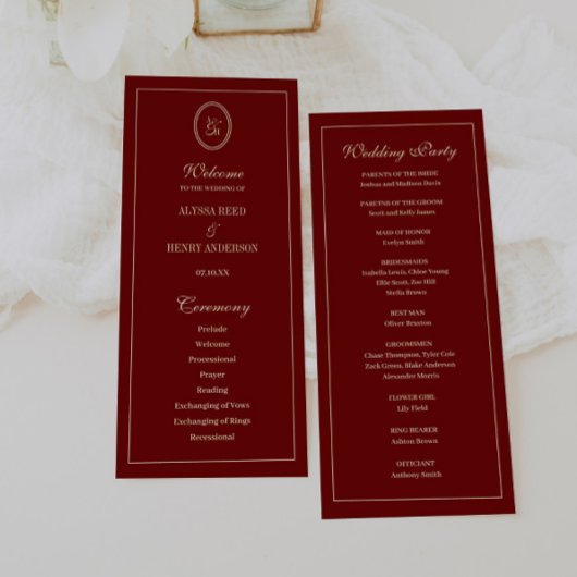 Elegant Monogram Script Wine Red Wedding Ceremony Programmakaart