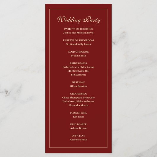 Elegant Monogram Script Wine Red Wedding Ceremony Programmakaart (Achterkant)