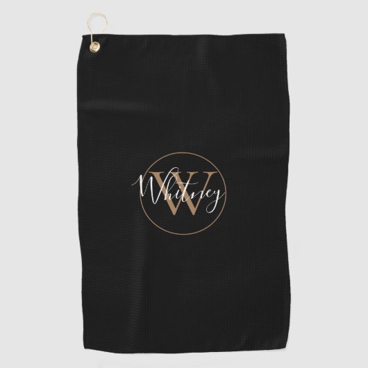 Elegant Monogram Script Wit Zwart en Goud Golfhanddoek (Voorkant)