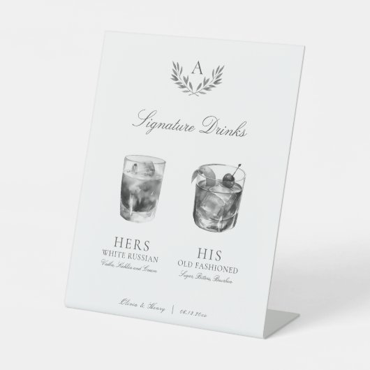 Elegant Monogram Signature Drinken Bruiloft Reclamebord Met Voetstuk (Voorkant)