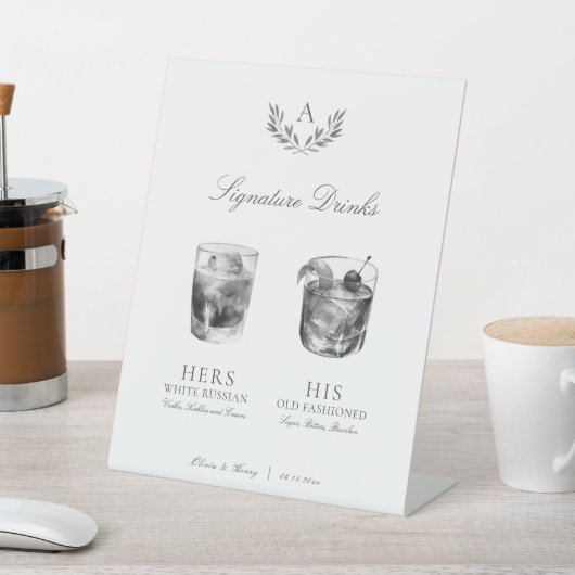 Elegant Monogram Signature Drinken Bruiloft Reclamebord Met Voetstuk (Insitu)