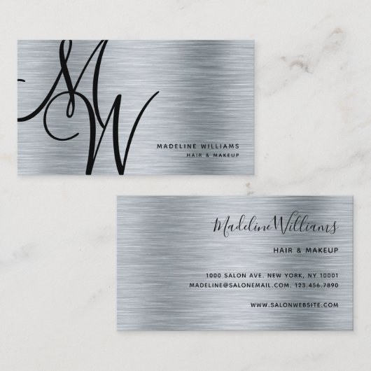 Elegant Monogram Silver Black Modern Script Name Visitekaartje (Voorkant / Achterkant)