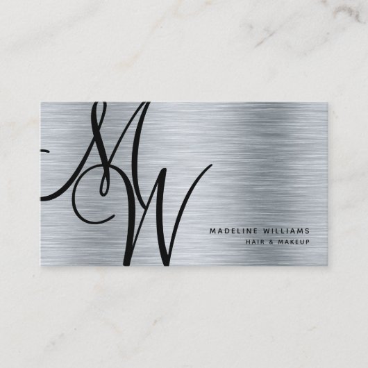 Elegant Monogram Silver Black Modern Script Name Visitekaartje (Voorkant)