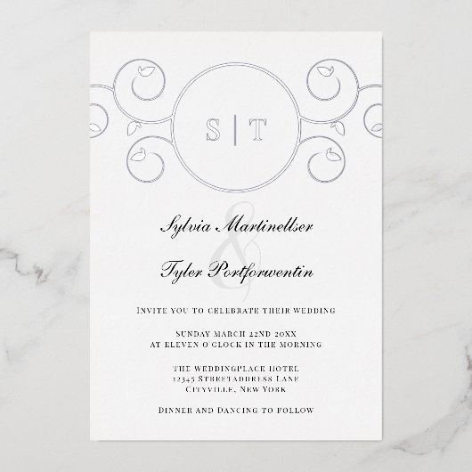 Elegant Monogram Silver Black Wedding Folie Uitnodiging (Voorkant)