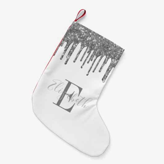 Elegant Monogram Silver Glitter Drift White Kleine Kerstsok (Voorkant (Hangend))