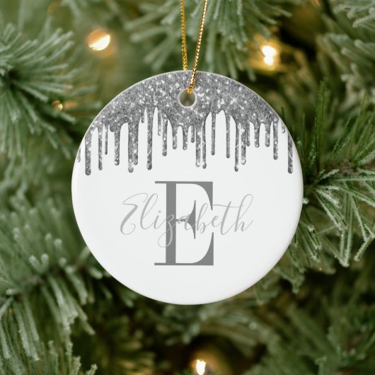 Elegant Monogram Silver Glitter Drip Keramisch Ornament (Boom)