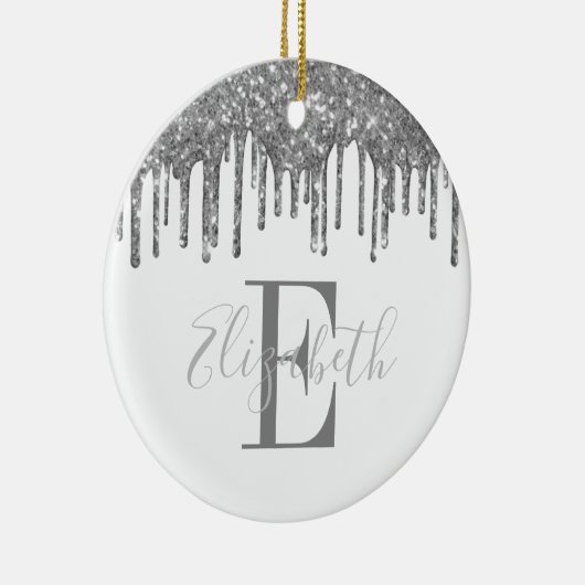 Elegant Monogram Silver Glitter Drip Keramisch Ornament (Rechts)