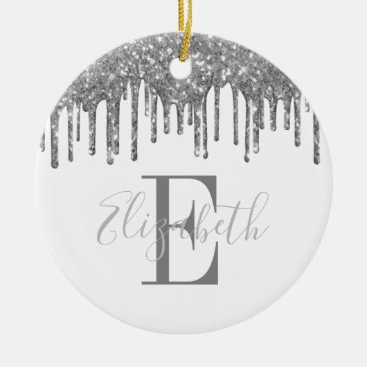 Elegant Monogram Silver Glitter Drip Keramisch Ornament (Voorkant)
