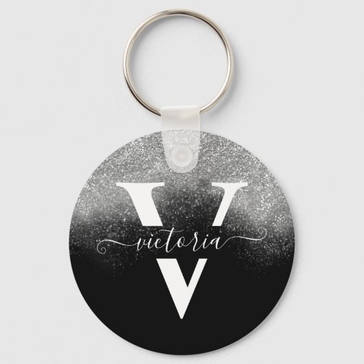 Elegant Monogram Silver Glitter Girly Black Aangep Sleutelhanger (Voorkant)