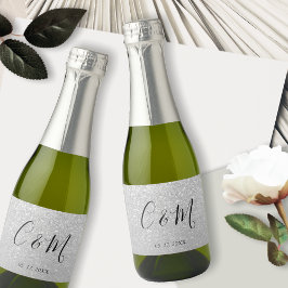 Elegant Monogram Silver Glitter Weddenschap Wine L Sparkling Wijnetiket