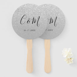 Elegant Monogram Silver Glitter Wedding Hand Fan Handwaaier