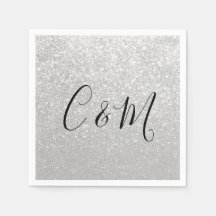 Elegant Monogram Silver Glitter Wedding Napkins
