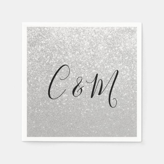 Elegant Monogram Silver Glitter Wedding Napkins Servet (Voorkant)