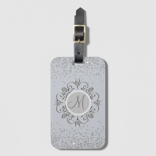 Elegant Monogram Silver Glittery Gem Bagagelabel (Voorkant (verticaal))