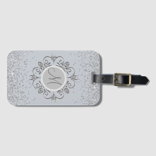 Elegant Monogram Silver Glittery Gem Bagagelabel (Voorkant (horizontaal))