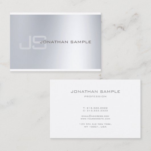 Elegant monogram Silver-look minimalistisch ontwer Visitekaartje (Voorkant / Achterkant)