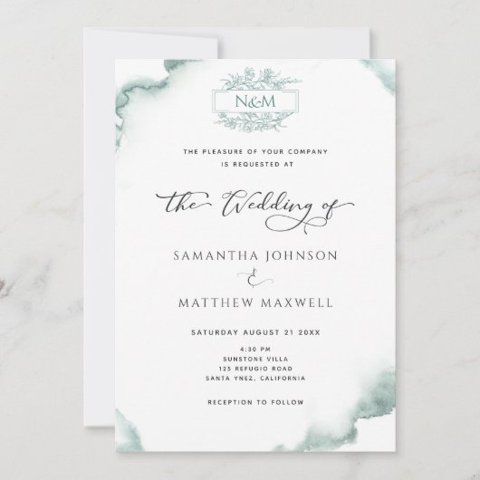Elegant Monogram, Silver Sage Waterverf Wedding Kaart (Voorkant)