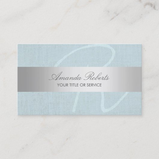 Elegant Monogram Silver Stripe  Blue Linen Visitekaartje (Voorkant)