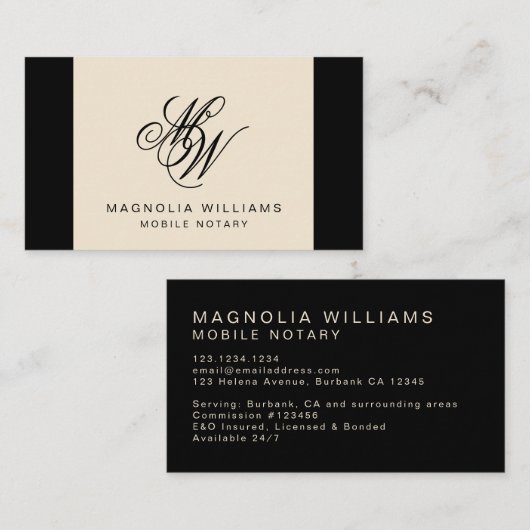 Elegant monogram Simple Black Beige mobiele notari Visitekaartje (Voorkant / Achterkant)