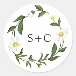 Elegant Monogram Simple White Daisy Floral Wedding Ronde Sticker