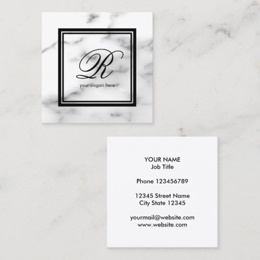 Elegant monogram sjabloon witte marmer vierkante visitekaartje (Voorkant / Achterkant)