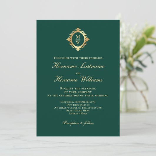 Elegant Monogram Smaragd Groen Goud Bruiloft Kaart (Staand voorkant)