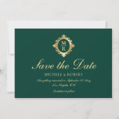 Elegant Monogram Smaragd Groen Goud Bruiloft Save The Date (Voorkant)
