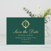 Elegant Monogram Smaragd Groen Goud Bruiloft Save The Date (Staand voorkant)