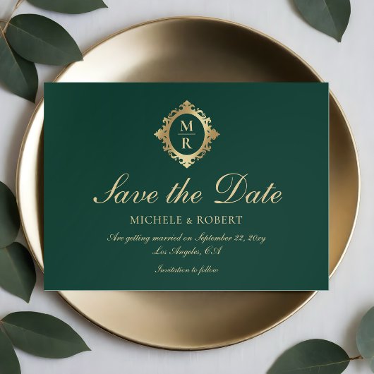 Elegant Monogram Smaragd Groen Goud Bruiloft Save The Date