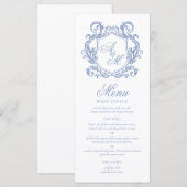 Elegant Monogram Stof Blauw Wapen Huwelijk Menu (Voorkant / Achterkant)