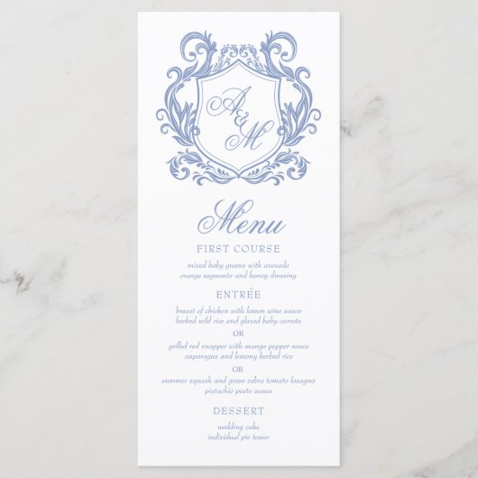 Elegant Monogram Stof Blauw Wapen Huwelijk Menu (Voorkant)