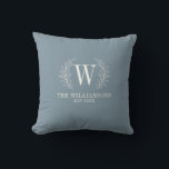 Elegant Monogram Stof Blauwe Familienaam Kussen<br><div class="desc">Deze blauwe en witte kussensloop is versierd met een laurierbladmonogram en uw naam en huwelijksdatum. Een gezellige aanvulling op uw interieur. Ideaal voor huwelijken en jubileumfeesten. Personaliseer het met uw initiaal,  naam en huwelijksdatum. Beschikbaar in diverse kleuren. Ontworpen voor u door blackberry Boulevard.</div>