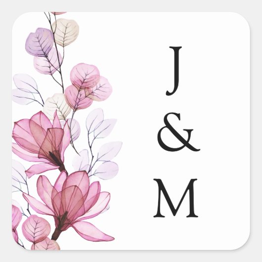 Elegant Monogram Stof Roze Bloem Bruiloft Vierkante Sticker (Voorkant)