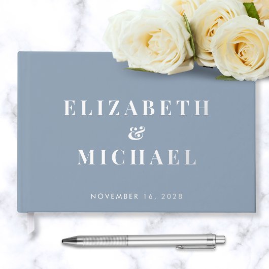 Elegant Monogram Stofblauw Bruiloft Gastenboek