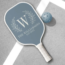 Elegant Monogram Stofblauw Familienaam Pickleball Paddle