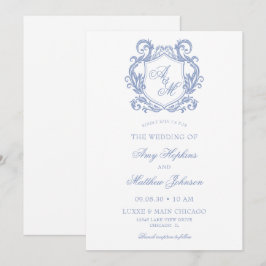 Elegant Monogram Stofblauwe Wapenschild Trouw Kaart