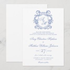 Elegant Monogram Stofblauwe Wapenschild Trouw Kaart