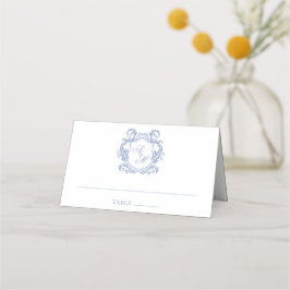 Elegant Monogram Stofblauwe Wapenschild Trouw Plaatskaartje