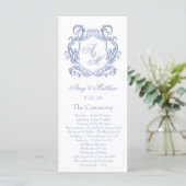 Elegant Monogram Stofblauwe Wapenschild Trouw Programmakaart (Staand voorkant)