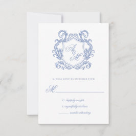Elegant Monogram Stofblauwe Wapenschild Trouw RSVP Kaartje