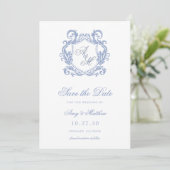 Elegant Monogram Stofblauwe Wapenschild Trouw Save The Date (Staand voorkant)