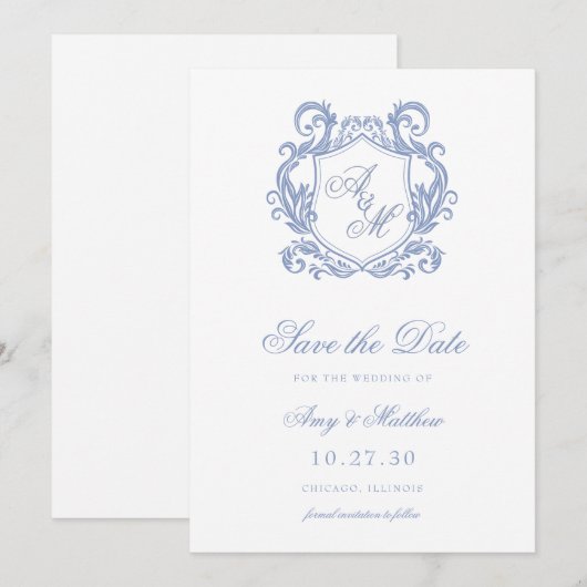 Elegant Monogram Stofblauwe Wapenschild Trouw Save The Date (Voorkant / Achterkant)