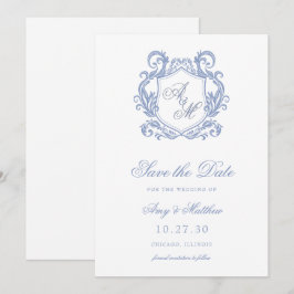 Elegant Monogram Stofblauwe Wapenschild Trouw Save The Date
