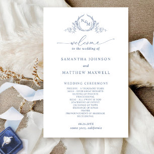 Elegant monogram stoffig blauw bruiloft programma